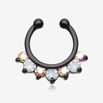 Blackline Opalite Sparkle Deuce Fake Septum Clip-On Ring-Black/Aurora Borealis/White